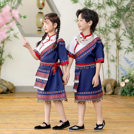 Meilekai 3. März Ethnische Kleidung Kinder Guangxi Zhuang Ethnische Minderheit Kleidung Hani Girls Yao und Miao Boy 9215 Top + Tibetan Robe (gleicher Stil für Männer und Frauen) 90 (Größe Standard)