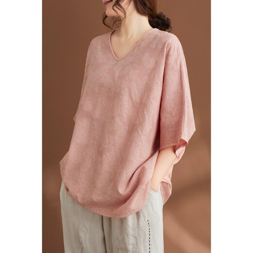 简当（JIANDANG）大码女装夏季胖MM纯色提花休闲宽松蝙蝠袖T恤遮肚子上衣9227 淡粉 大码均码【200斤以下】