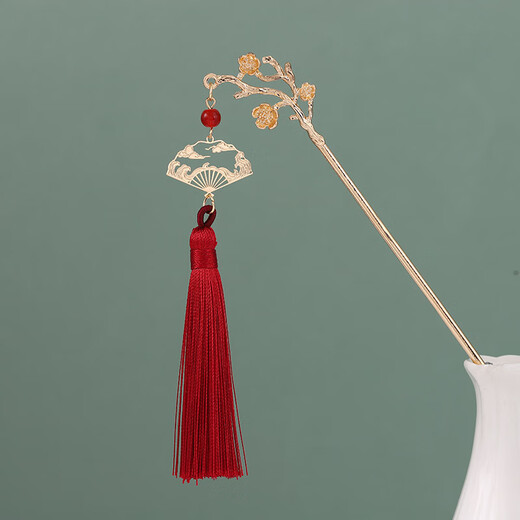 QBILY hairpins 2 pieces in a pack, new Chinese hairpins, ancient style cheongsam, bridal steps, tassels, women's Hanfu horse skirt accessories, jade fan style + plum blossom charm, 2 pieces in a pack