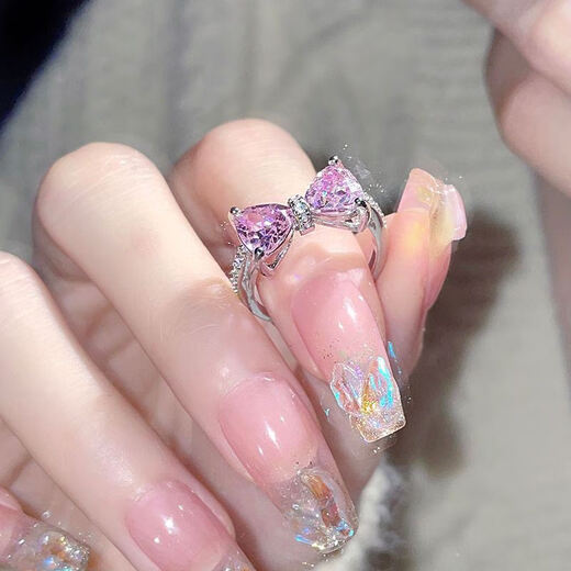 Children's Ring Female Niche Pink Imitation Gemstone Crystal Simulated Diamond Butterfly Shape Fashion Princess Girls Pink Bow