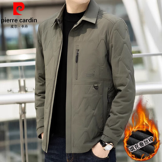 Pierre Cardin autumn and winter casual men's thickened coat warm lapel short jacket men's mulberry silk cotton jacket 2025 new khaki XL recommended 140-155Jin Jin equals 0.5 kg