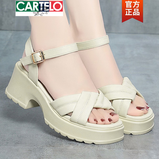 CARTELO thick-soled sandals for women fairy style 2025 summer new comfortable soft-faced thick-heeled sponge shoes Roman shoes outside women's shoes f2677 meters white feet thin shot one size small 34 heel height 5 cm