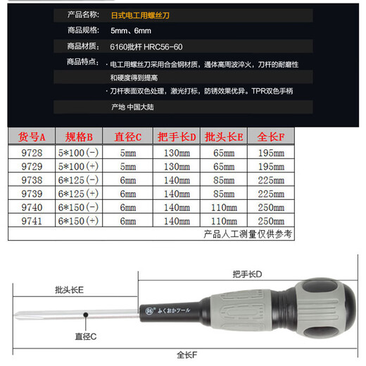 釰 福冈工具 螺丝刀电工用一字十字改锥螺丝批带磁性 6*150mm一字 FO-9740