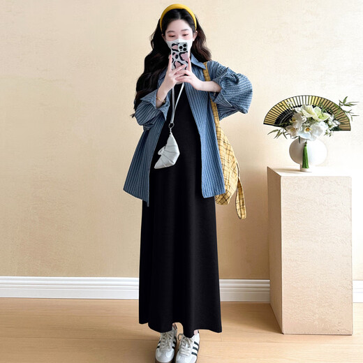 革曼孕妇装套装秋季2025韩版慵懒风春秋衬衫孕妇连衣裙两件套背心长裙 浅灰吊带裙+蓝色衬衫 XL