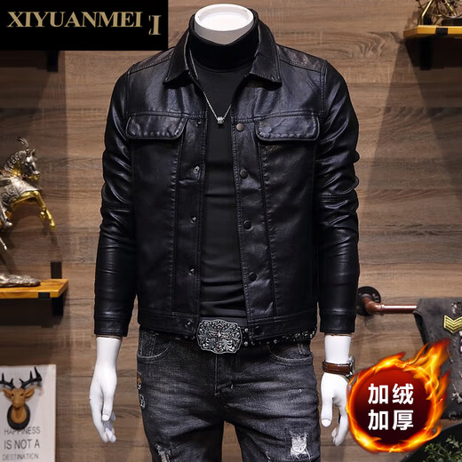 Nishihara Beauty Fashion Brand Leather Jacket for Men Spring and Autumn Korean Style Trendy Lapel Handsome Casual Slim Motorcycle Leather Jacket FD6874 Black Velvet M