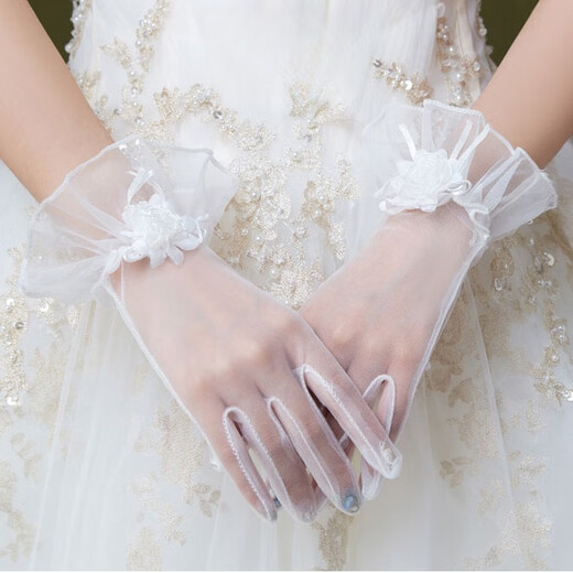 Jieyi mesh gloves bride wedding thin breathable super fairy beautiful wedding dress accessories photo studio birthday photo props 1 pair [white mesh flower gloves]