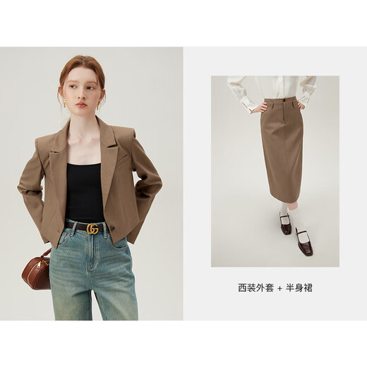 Fan Silan's design short small suit jacket for women's spring suit professional interview suit set 24FS11162 birch brown-skirt S