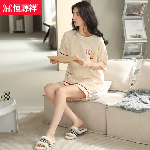 Hengyuanxiang 2025 Neue Pyjamas für Frauen im Sommer Pure Cotton Short Sleeve Shorts Dünne Sommer Baumwolle können außerhalb von Heimbekleidungsanzug für Frauen YZ-9885 m getragen werden [Empfohlen 80-100jin [Jin gleich 0,5 kg] tragen]