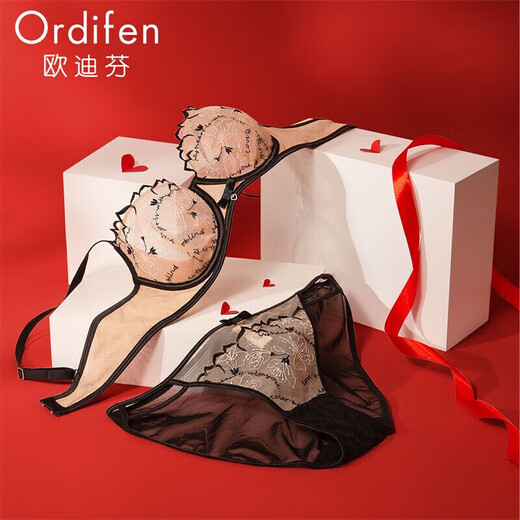 Odifen Underwear Feminine Lace Ultra-Thin Bra Set Embroidered Side Breast Collection Gift for Girlfriend XB2325