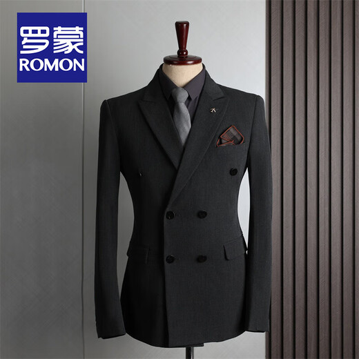 ROMON suit men's British style double-breasted business casual suit three-piece suit groom wedding dress small suit men black three-piece suit (suit+vest+trousers) 50/L size free brooch+pocket square