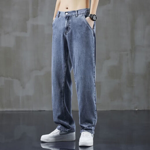 Lanfulun 2024 Herbst Jeans Herbst und Winter lose geradlinige Weitbeinhosen Amerikanische Modemarke Casual Long Hosen H1048 Hellblau Ein Size S empfohlen 80-Jin [Jin entspricht 0,5 kg]