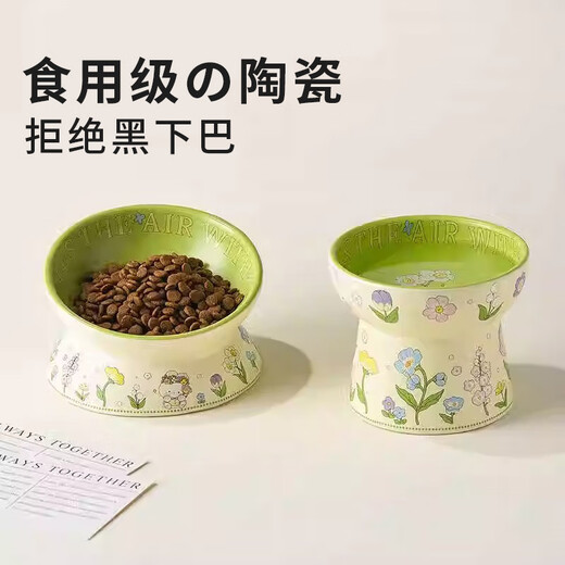 Lace Ceramic Cat Bowl Cute Green Rabbit Water Bowl Set Cat Food Bowl Ceramic Slanted Mouth Dog Food Bowl Cat Anti-Tip Green Rabbit Slanted Mouth Bowl + Flat Mouth Bowl M-Medium Size