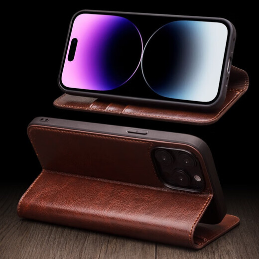 万奉 【钱包设计】苹果14ProMax手机壳高端真皮手工缝纫iPhone14pro真皮翻盖式卡包皮套 【经典黑色】钱包设计丨头层牛皮 iPhone14 ProMax