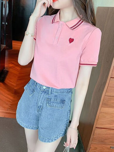 棠檀t恤衫女024年女款短袖恤翻领运动上衣宽松刺绣幼师园服夏季工作服 9926#紫罗兰 S 建议60-75斤）