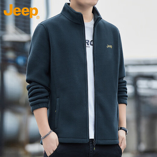 JEEP Sweater Men's Autumn and Winter Polar Fleece Thick Warm Cardigan Jacket Men's Loose Stand Collar Men's Gray Green XL