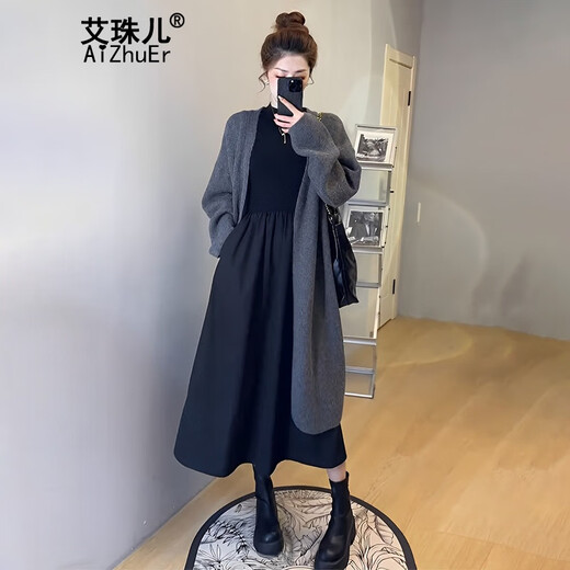 Aizhuer Kleid (Aizhuer) neuer Modeanzug für Frühling und Herbst 2025 Tragen Sie einen kompletten Set kleiner gestrickter Jacke für Frauen Strick -Strickjacke + Kleid (Anzug) XL