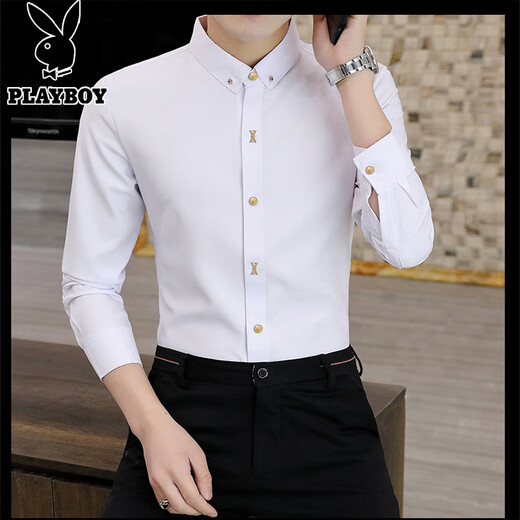 花花公子高档黑色衬衫男士装长袖免烫抗皱商务休闲正装结婚白色衬衣 2091白色 2XL
