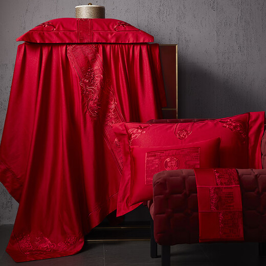 Leeland Home Textile haut de gamme des années 100 NOUVELLE broderie chinoise Dahong Liber de mariage en quatre parties Multi-pièces de litière de mariage Jinxiu Hongzhuang Four pièce de lit 1,8 / 2,0 mètres adapté à (220 * 240 cm de courtepointe)