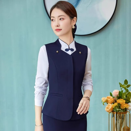 Iyasha hotel front desk reception work clothes for women high-end temperament professional suit suit Chinese catering waiter work clothes blue suit + shirt + pants XL recommended 110-120 Jin Jin equals 0.5 kg