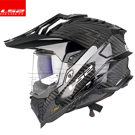 LS2 Carbonfaser-Offroad-Zughelm-Motorradhelm Männer und Frauen Motorrad vier Jahreszeiten Anti-Fog Dual Lens MX701 Kohlefaser 6K-Gloss Black M (53-54)