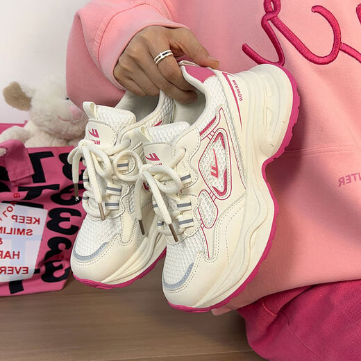 Huili women's shoes thick-soled dad shoes women's breathable versatile trendy shoes retro casual shoes J841Z rice/pink 38