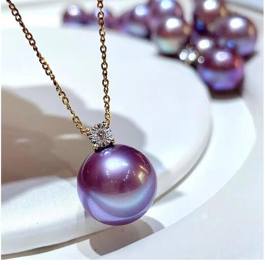 Jinshitong round Tahitian purple bright pearl pendant princess style single clavicle chain 925 silver gold-plated 12-12mm