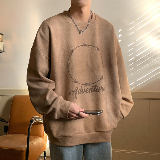 Dingfengbaoluo suede sweatshirt long-sleeved men's American vibe spring trend printed bottoming shirt loose DFL01 coffee 2XL