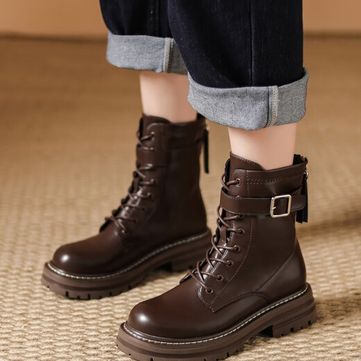 Daphne thick-soled Martin boots for women, autumn and winter short boots for women, versatile single boots, British style mid-calf boots for women, brown 38