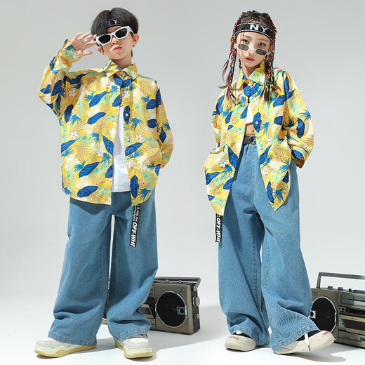 Kamiban Children's Street Dance Anzug Trendige Kleidung für Jungen und Mädchen Hip-Hop-Jeansanzug für Kinder Retro Hong Kong Style Hemd Performance Kostüm 258 Blau Langarm