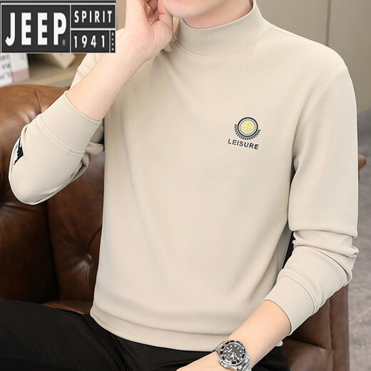 JEEP SPIRIT autumn and winter new men's velvet half turtleneck cotton sweatshirt long-sleeved T-shirt bottoming shirt slim fit skin-friendly inner wear Khaki M 85-110Jin Jin is equal to about 0.5 kg