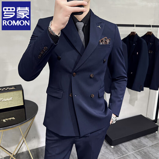 ROMON spring and autumn off-white double-breasted suit for men, slim, handsome, casual, small suit jacket style, white (jacket + pants) M