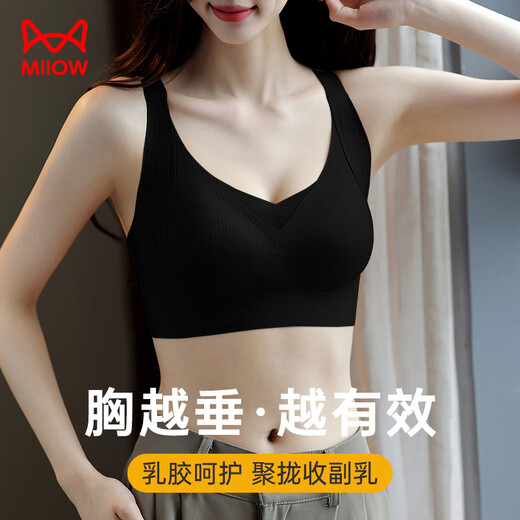 猫人内衣女士薄款无钢圈文胸大胸显小无痕聚拢防下垂运动性感胸罩黑M