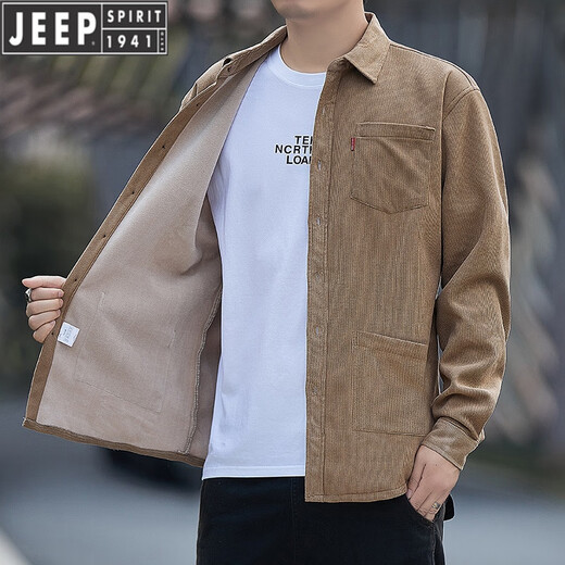 JEEP corduroy shirt men's spring, autumn and winter new solid color non-iron plus velvet thickened shirt middle-aged and elderly warm tops for men Oatmeal corduroy warm 688 plus velvet XL recommended 130-150Jin Jin equals 0.5 kg