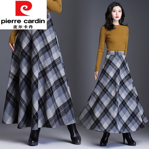 Pierre Cardin Woolen Wool Skirt Women's Plaid Spring and Autumn Long Skirt Large Swing Skirt High Waist Slim A-Line Skirt Umbrella Skirt Long Woolen Skirt Green Plaid