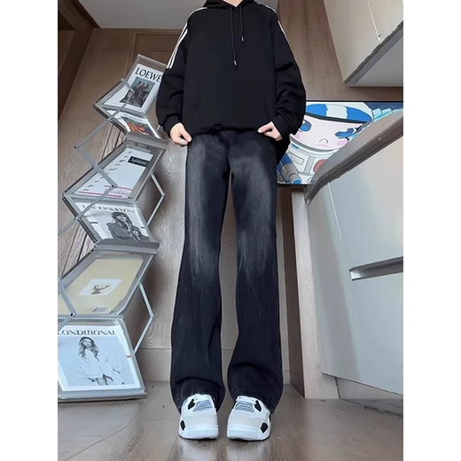 7 high-end products, micro-flare jeans, men's spring and summer style, American high street loose straight slim sci-fitting sci-cut trousers for men, DF-719 black regular L