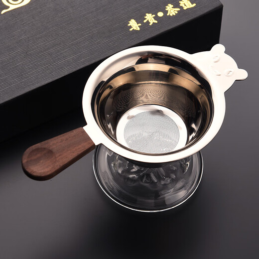 Jinge fair cup tea drain stainless steel food grade 304# filter creative tea filter tea water separation tea set accessories filter tea Panda tea drain rosewood handle + Guanshan base