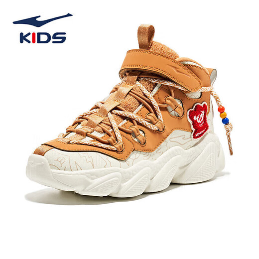 Hongxing Erke (ERKE) children's shoes, boys' medium and large children's high-top casual shoes, children's sports running shoes, oak bud white/caramel yellow brown 36
