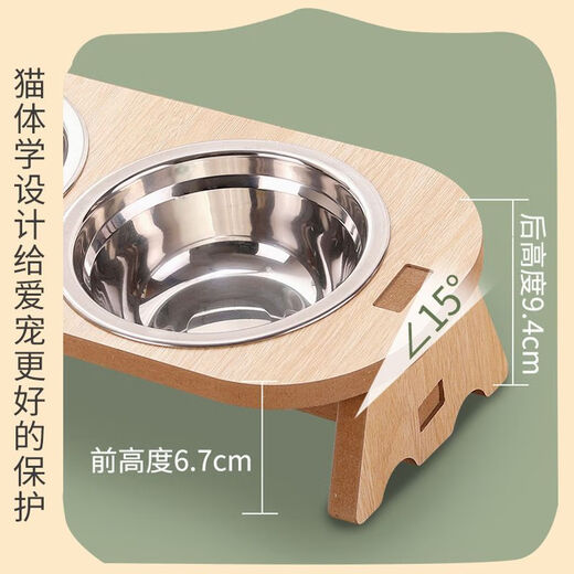 Junkiss cat bowl that cannot be knocked over, large capacity, extra large neck protection, anti-black chin kitten water bowl, stainless steel cat double bowl cat food basin, cedar wood color, double bowl - food grade stainless steel basin - dry food and drinking water