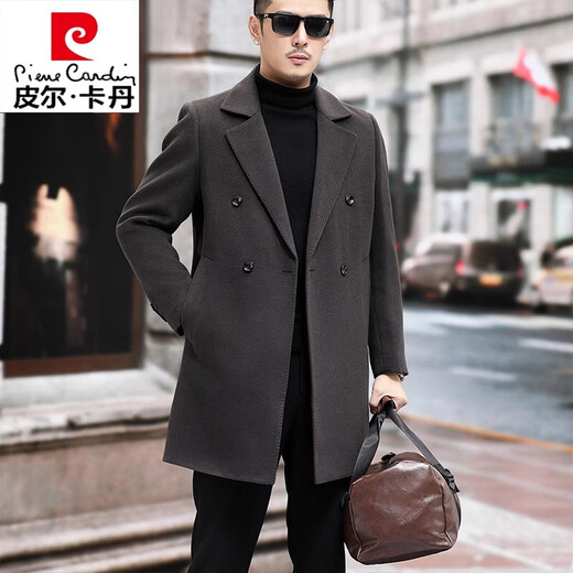 Pierre cardin high-end white goose-vulpe liner double-sided wool woolen coat men thickened winter mid-length wool trench coat men caramel color 170/M