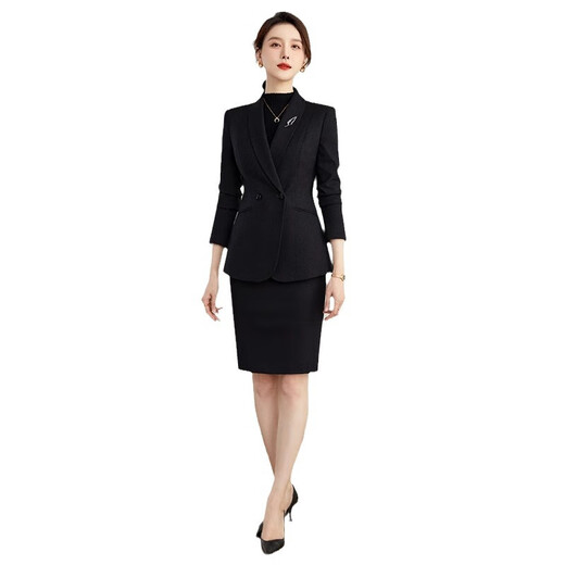 ROMON high-end professional suit, thickened formal suit, winter professional suit, fashionable commuting suit for women, navy blue suit jacket + trousers XL