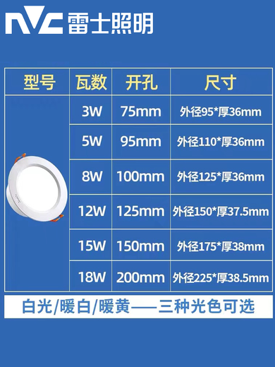 雷士雷士灯雷士LED筒灯客厅防雾嵌入式孔灯12W15W4寸5寸9203 9203N5W 钻孔9~白光5700K