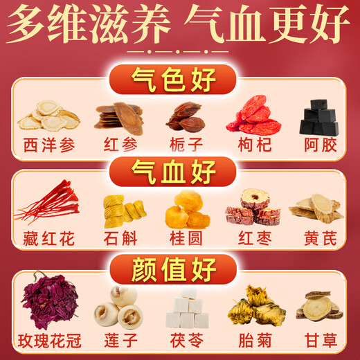
Minnongren 15 flavors of double ginseng rosy tea 600g (60 packs) American ginseng Red ginseng Donkey-hide gelatin Saffron Astragalus nourishes Qi and blood tea