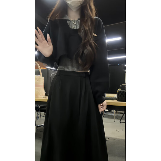Han Lujiao (hanlujiao) autumn dress women's 2025 new style with a complete set of preppy style small age-reducing wear skirt suit black suit three-piece set M recommended 96-108 Jin Jin equals 0.5 kg