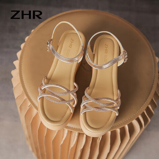 Sandales de coin zhr pour les femmes Summer Real Cow Hide Sole Sole pour femmes Chaussures à la mode à la ceinture mince et à talons hauts pour femmes AY92 Champagne 37