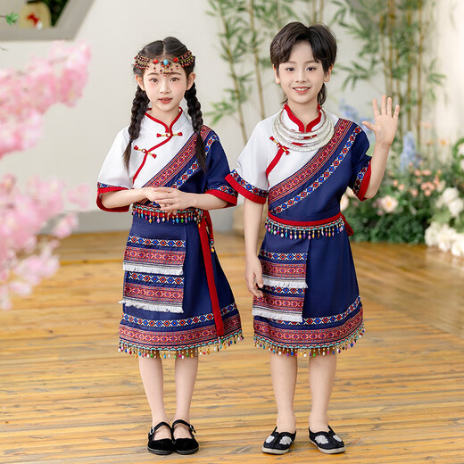 Meilekai 3. März Ethnische Kleidung Kinder Guangxi Zhuang Ethnische Minderheit Kleidung Hani Girls Yao und Miao Boy 9215 Top + Tibetan Robe (gleicher Stil für Männer und Frauen) 90 (Größe Standard)