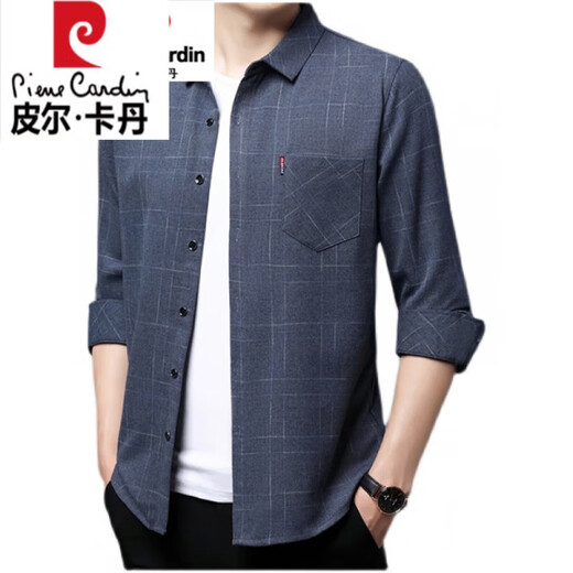 Pierre Cardin High-End Pure Cotton No-Iron Langarmed Plaid-Hemd für Männer Frühlings- und Herbststil echtes Taschenmännchen im mittleren Alter Lose großer Hemd für Männer Langarm 6626 Grün 175/XL Größe [130-155jin [Jin gleich 0,5 kg]]