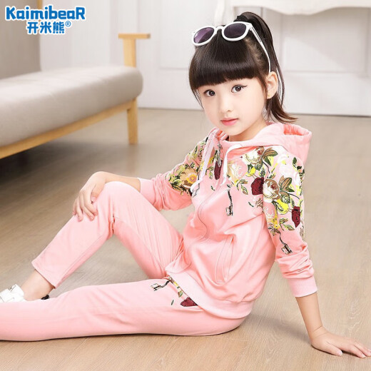 Kaimi Bear Children's Clothing Girls' Suit Spring and Autumn Clothes Children's Sports and Casual Sweatshirts for Large and Medium-sized Children Fashionable Two-piece Set Trendy Girls' Clothes Pink (Flower Style) Size 150 Recommended Height Around 140cm