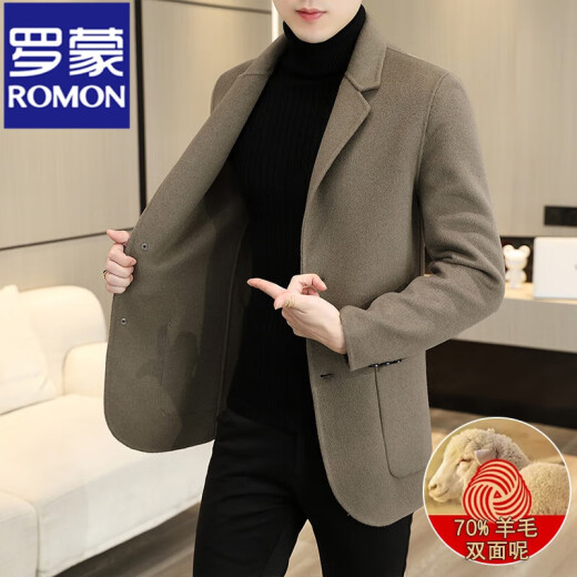 ROMON double-sided woolen coat men's cashmere suit jacket warm young and middle-aged pure wool woolen coat men 88001A Khaki (70 wool) XL135~150Jin [Jin equals 0.5 kg]