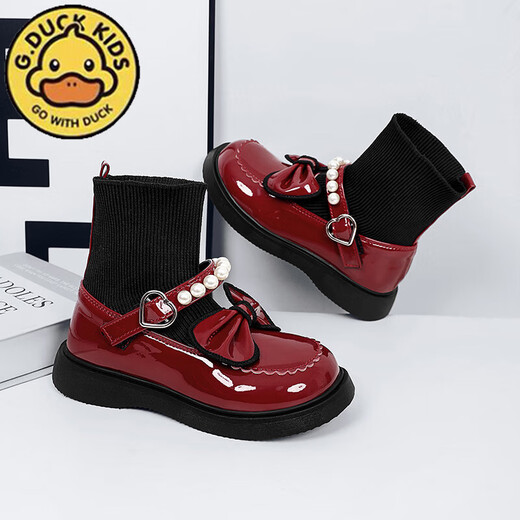 G.duck Little Yellow Duck Girls' Shoes Small Leather Shoes 2025 Children's Short Boots Princess Martin Boots Autumn and Winter Little Girls Black Boots HDL-Red 818 (Single Shoe) Size 31 Inner Length 19.3cm