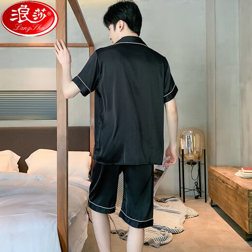 LangSha (LangSha) ice silk pajamas men's summer short-sleeved pants summer thin 2025 new men's style outdoor wear home clothing suit G723 [with pants pockets] 2XL (height about 180 and weight 150-175